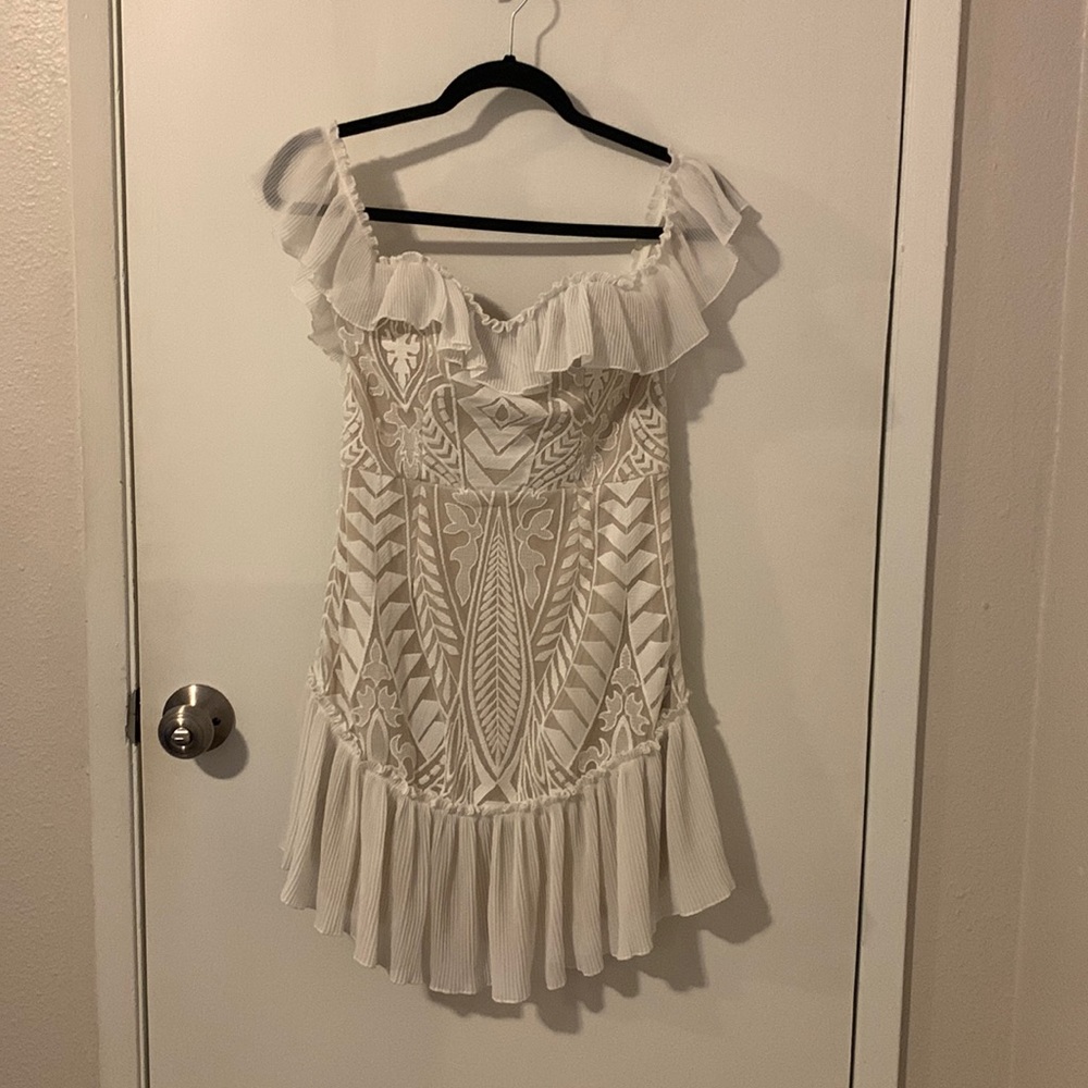 White lace bodycon dress with lace detail and off the shoulder. New with tags